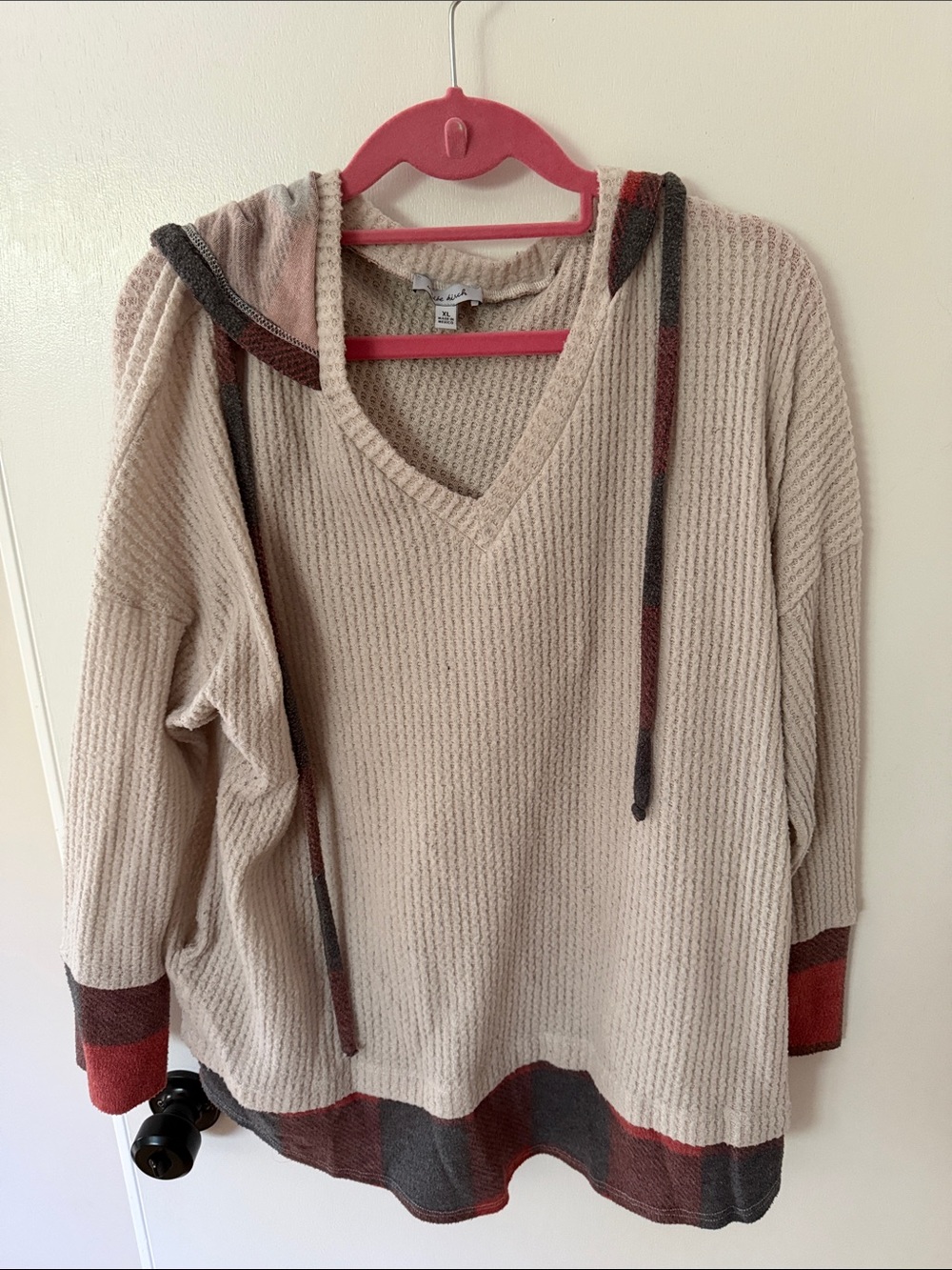 white birch Beige V-Neck Hooded Waffle Sweater with Rust & Charcoal Trim